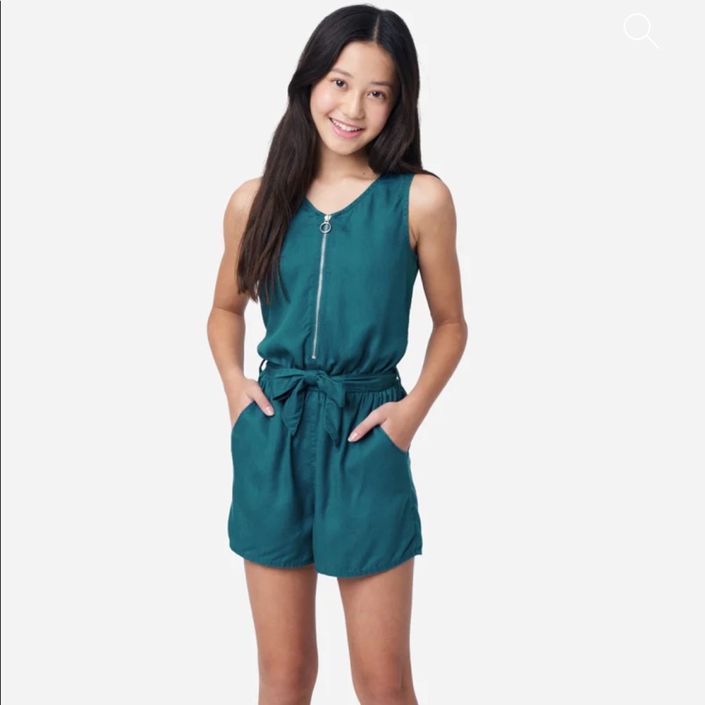Justice V-Neck Front Zip Teal Romper Shorts Bow Girls Size Small 7/8 NWT